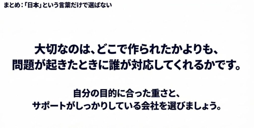 製造国だけでなく、問題発生時の対応会社、自分の目的に合う重さ、国内サポートを確認して選ぶというまとめ