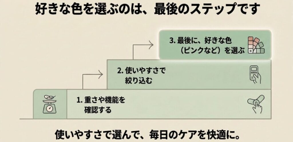 重さと機能、使いやすさ、好きな色の順番で選ぶ3ステップ