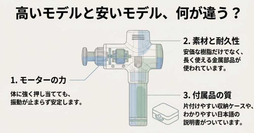 高いマッサージガンと安いモデルで差が出やすい、モーターの力、素材と耐久性、収納ケースや説明書など付属品の質