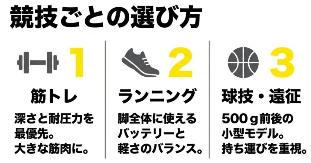 筋トレは深さと耐圧力、ランニングはバッテリーと軽さ、球技や遠征は500g前後を重視する比較図