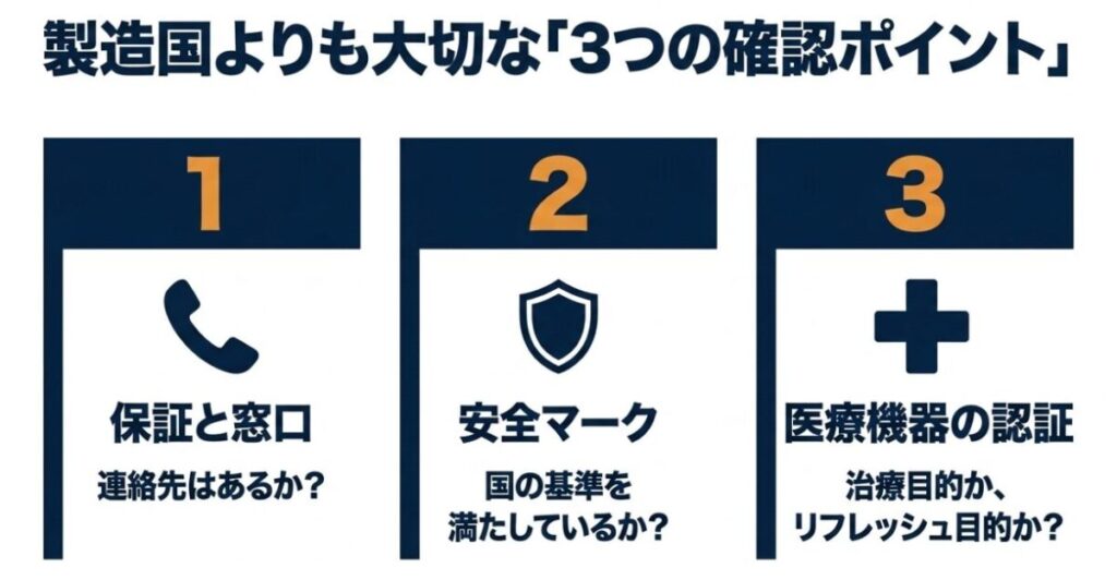 マッサージガン購入時に確認したい保証と問い合わせ窓口、安全表示、医療機器認証の3項目