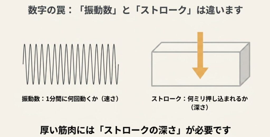 マッサージガンの振動数は動く速さ、ストロークは押し込まれる深さを表す違い