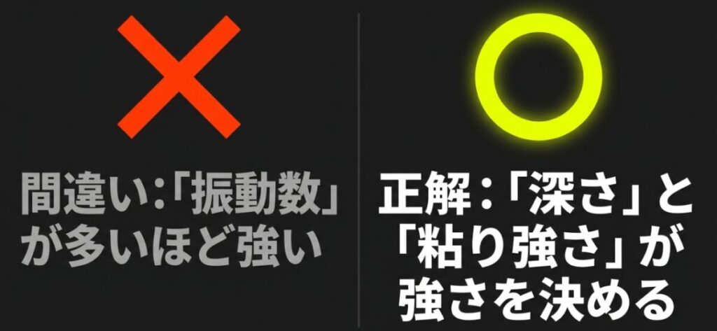 振動数の多さだけでは強さは決まらず、振幅の深さと押し込んでも止まりにくい耐圧力が重要であることを示す図