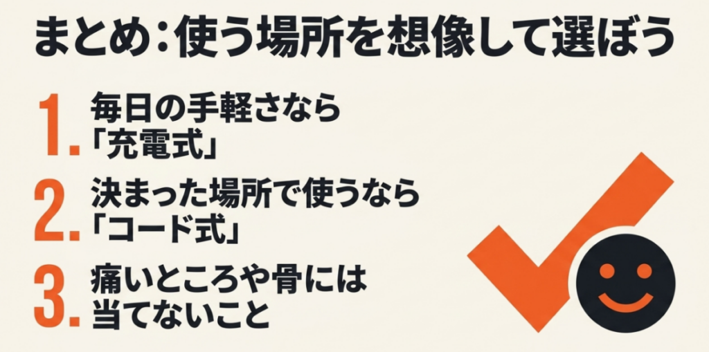 毎日の手軽さなら充電式、決まった場所で使うならコード式を選び、痛い場所や骨の上には当てないという注意点をまとめた画像