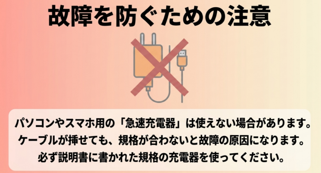 パソコンやスマートフォン用の急速充電器は使用できない場合があり、取扱説明書に記載された規格の充電器を使う必要があることを示した注意喚起