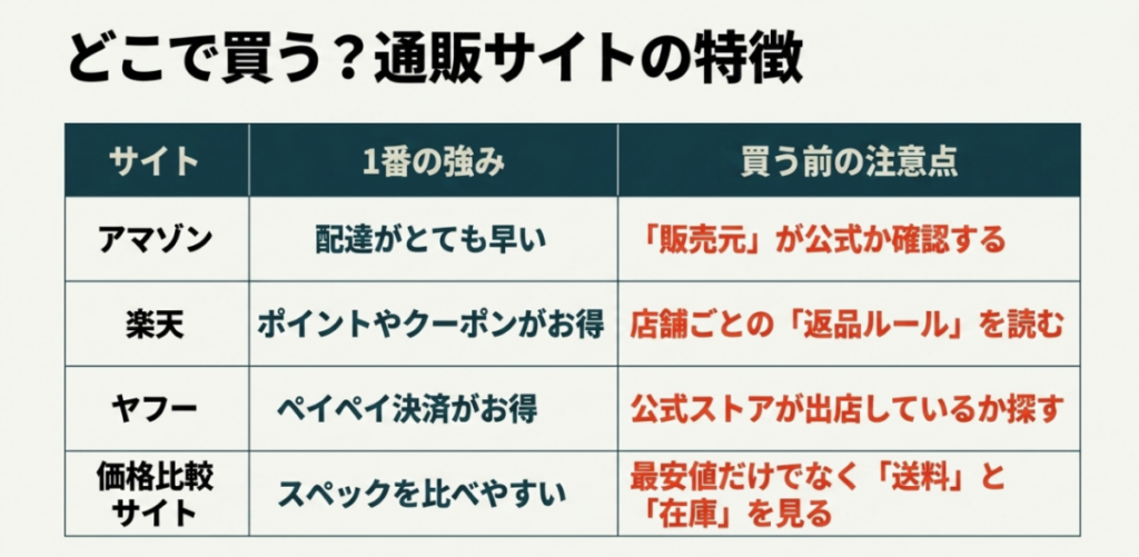 Amazon、楽天市場、Yahoo!ショッピング、価格コムの強みと購入前の注意点を比較した表