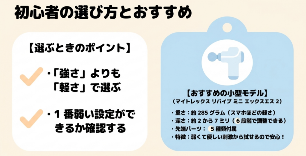 初心者は強さより軽さと最弱設定を重視し、MYTREX REBIVE MINI XS2を例に重量やストロークなどを示した選び方
