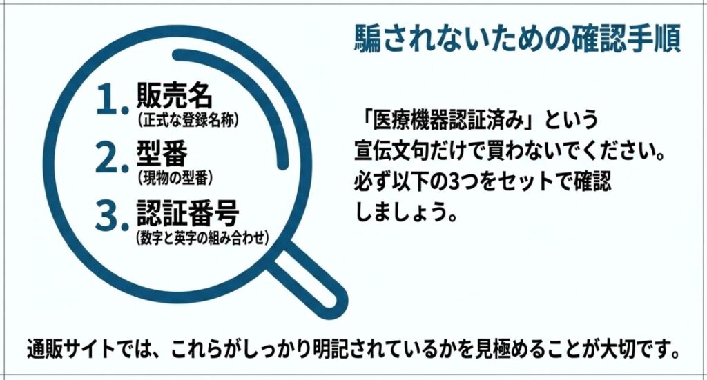マッサージガンの医療機器認証を販売名、型番、認証番号の3点で確認する手順