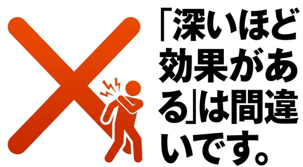 マッサージガンはストロークが深いほど効果が高いとは限らないことを大きなバツ印で示したスライド