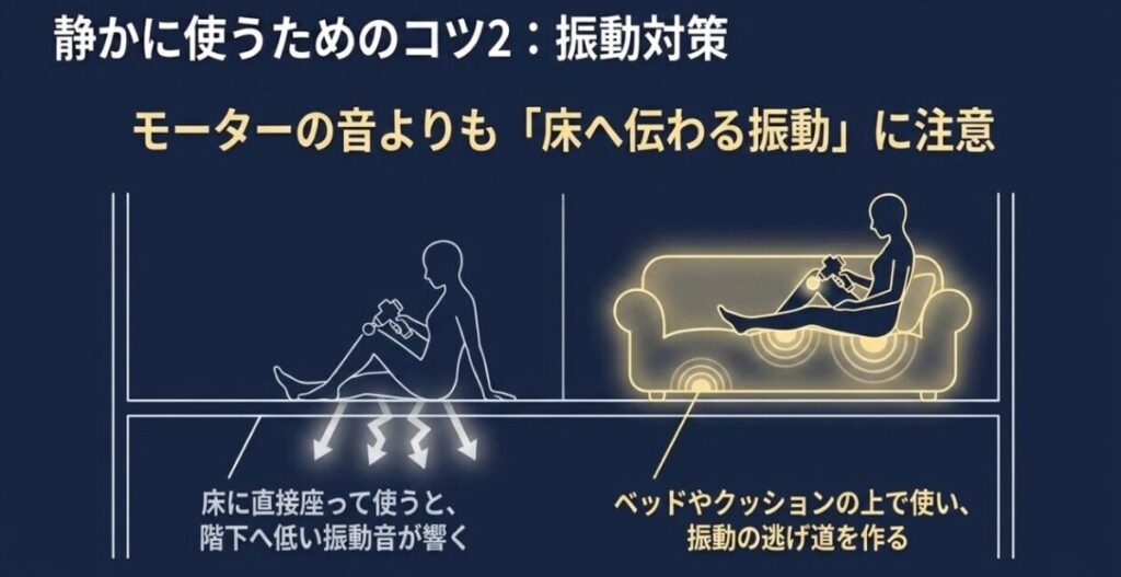 床へ直接座ると階下へ振動音が伝わりやすく、ベッドやクッション性のあるソファで使うと振動の伝達を抑えやすいことを示した図