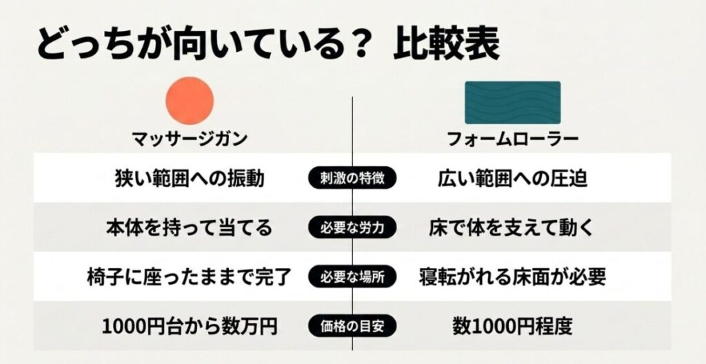 マッサージガンとフォームローラーの刺激の特徴や必要な労力と場所や価格の違いをまとめた比較表