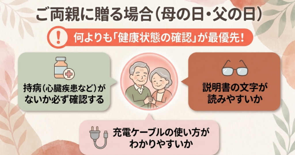 父の日や母の日にマッサージガンを贈る前に持病、説明書の読みやすさ、充電方法を確認するポイント