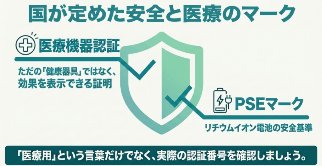 マッサージガン購入時に医療機器の認証番号と対象となる電池やアダプターのPSE表示を確認するポイント