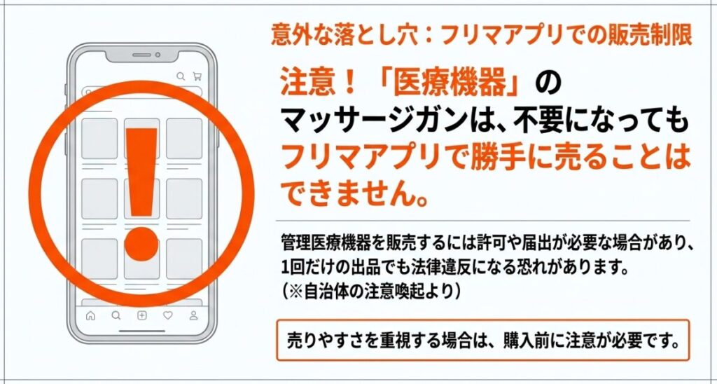 管理医療機器のマッサージガンをフリマアプリで販売するときの届出や法令上の注意を示した図