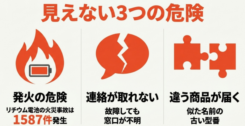 リチウムイオン電池搭載製品の火災事故、故障時の連絡先不明、似た商品名の旧型番が届く危険を示した図