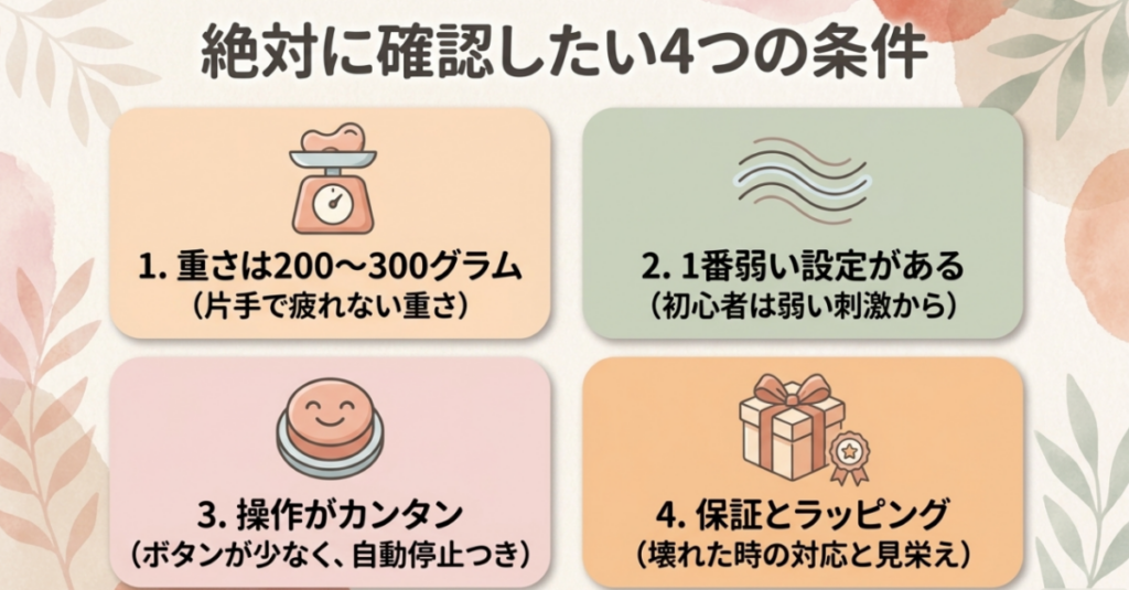 重さ200〜300グラム、弱い設定、簡単な操作、保証とラッピングというプレゼント向けマッサージガンの4つの条件