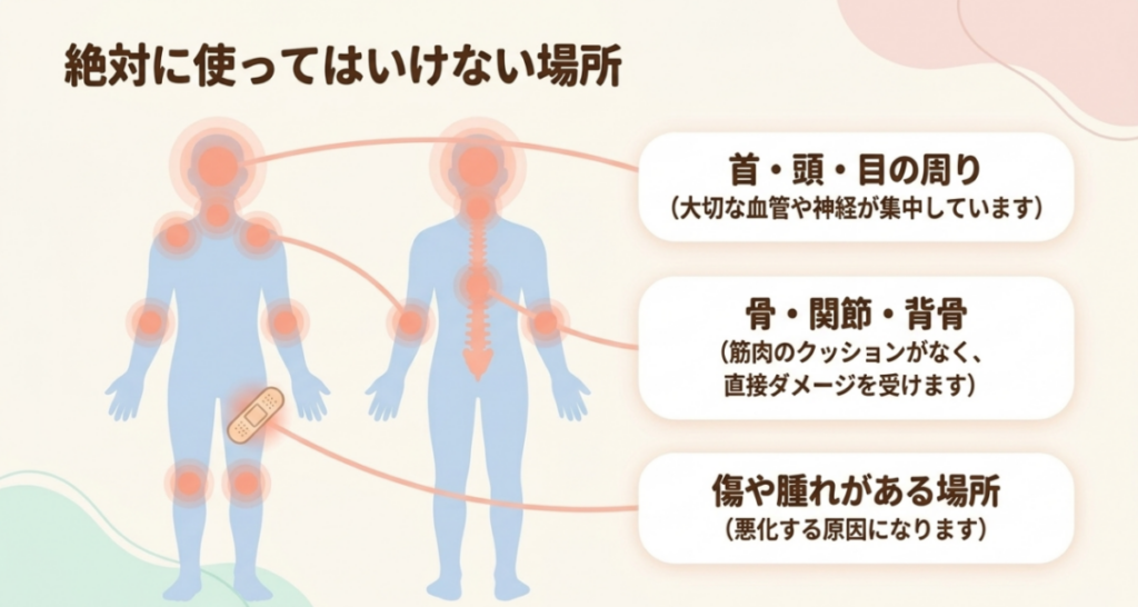 首・頭・目の周り、骨・関節・背骨、傷や腫れがある場所をマッサージガンの使用禁止部位として示した人体図