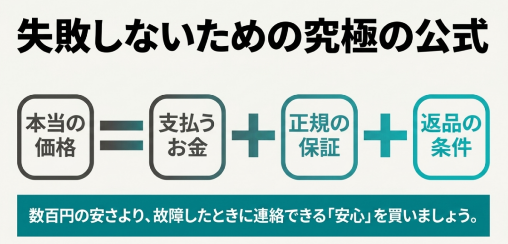 マッサージガンの本当の価格は支払額に正規保証と返品条件を加えて考えるという購入判断の図