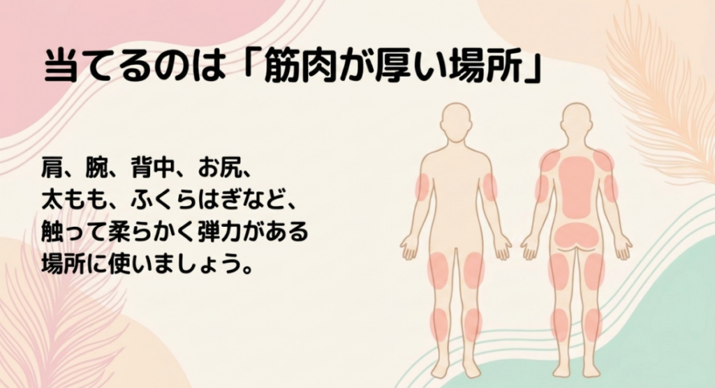 肩、腕、背中、臀部、太もも、ふくらはぎなど厚く柔らかい筋肉を示した正面と背面の人体図