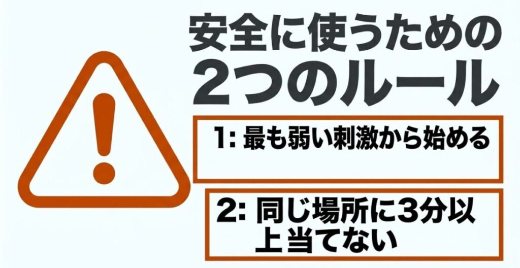 マッサージガンは最も弱い刺激から始め、同じ場所へ3分以上連続して当てないという安全上のルール