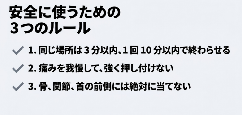 同じ場所は3分以内かつ1回10分以内、痛みを我慢して押し付けない、骨や関節、首の前側へ当てないという安全上の3つのルール