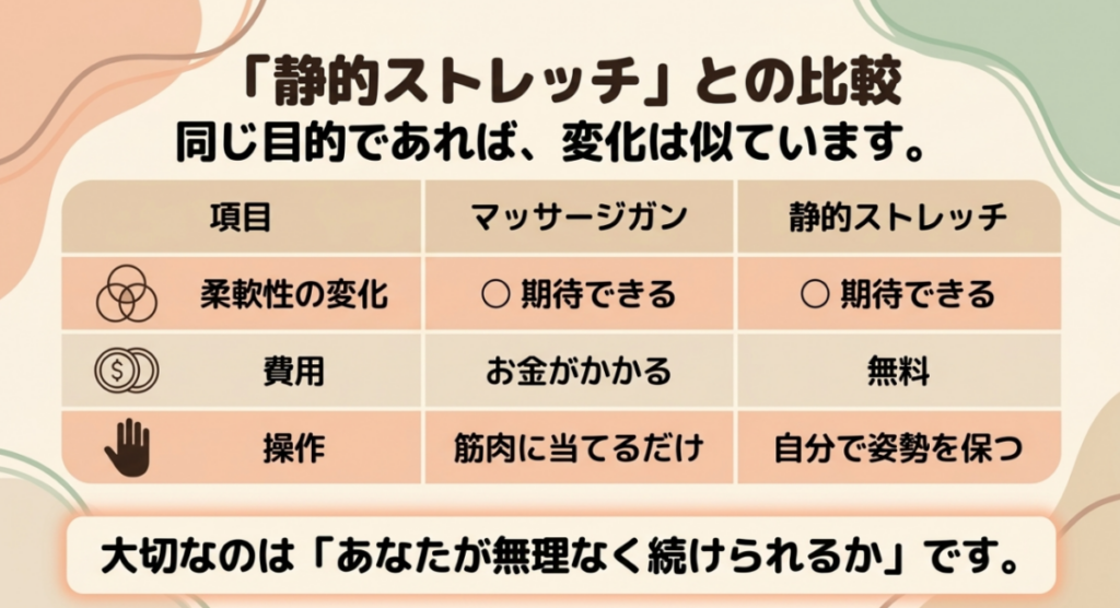 マッサージガンと静的ストレッチを柔軟性の変化、費用、操作方法の3項目で比較した表