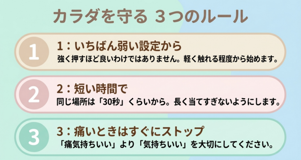 最弱設定から始める、同じ場所は30秒程度から試す、痛いときはすぐ止めるというマッサージガンの3つの安全ルール