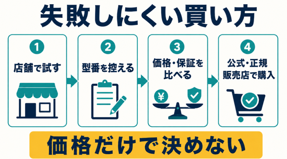 店舗で試し、型番を控え、価格と保証を比較し、公式ストアまたは正規販売店から購入する4ステップ