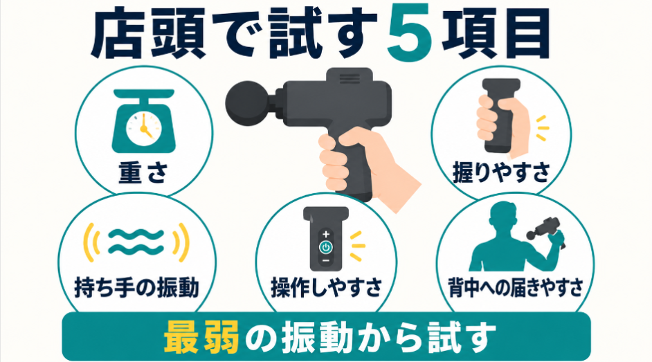 重さ、握りやすさ、持ち手の振動、操作しやすさ、背中への届きやすさを最弱の振動から確かめる5項目