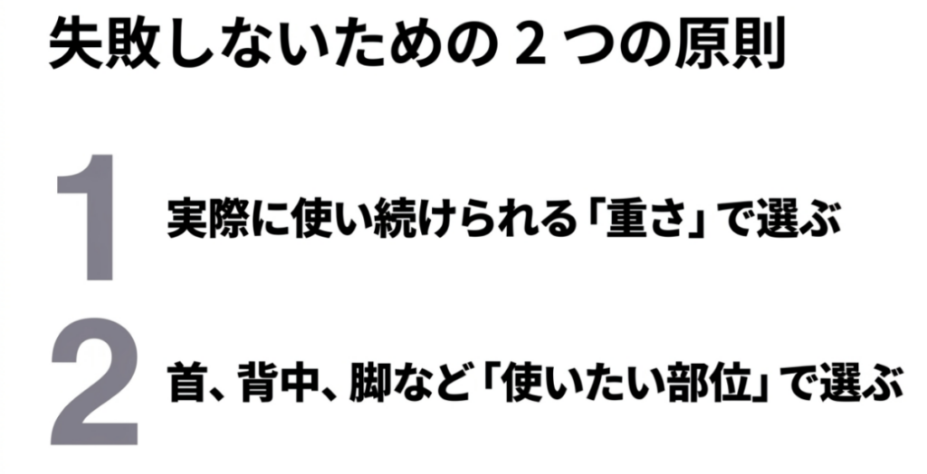 実際に使い続けられる重さと首・背中・脚など使いたい部位で選ぶマッサージガン選びの2つの原則