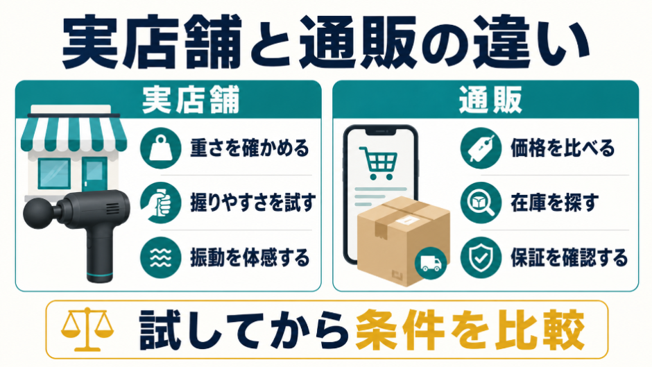 実店舗では重さ・握りやすさ・振動を確かめ、通販では価格・在庫・保証を比較するという違いを示した図