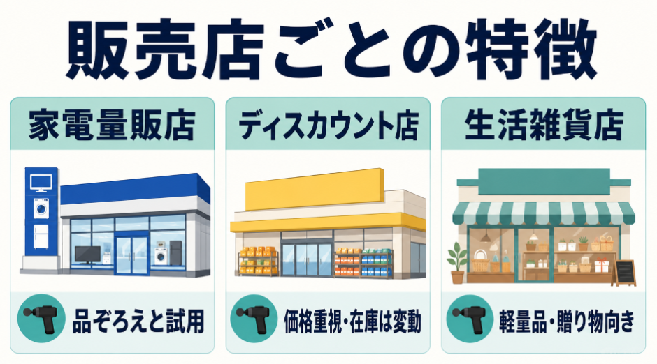 家電量販店は品ぞろえと試用、ディスカウント店は価格重視、生活雑貨店は軽量品や贈り物向きという特徴を比較した図