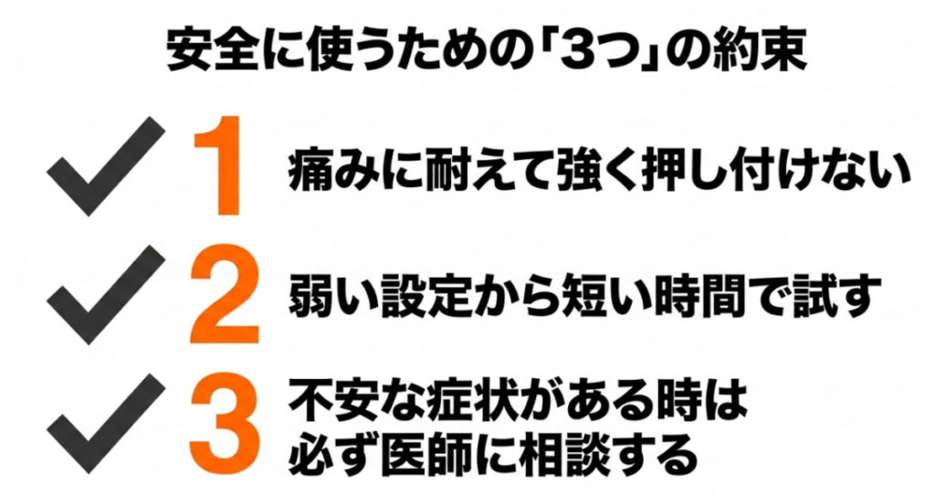 痛みに耐えて強く押さない、弱い設定から短時間で試す、不安な症状があるときは医師へ相談するという3つの注意点