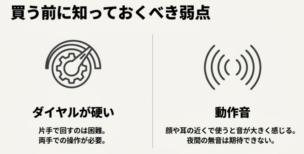 MINI XS2はストローク調整ダイヤルが硬く両手での操作が必要で顔や耳の近くでは動作音を大きく感じやすい