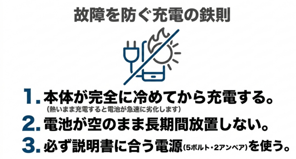 RELXマッサージガンは本体が冷めてから充電し、電池切れのまま放置せず、説明書に合う5V・2Aの電源を使うことを示す図
