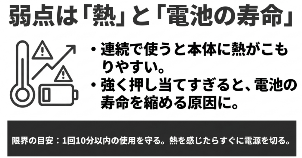 RELXマッサージガンは連続使用や強い押し当てで発熱しやすく、1回10分以内の使用と熱を感じたら停止する目安を示す図