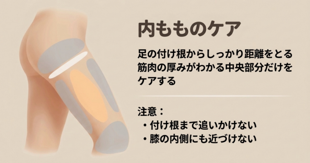 鼠径部と膝の内側を避け、内ももの中央にある厚い筋肉だけをマッサージガンでケアする方法