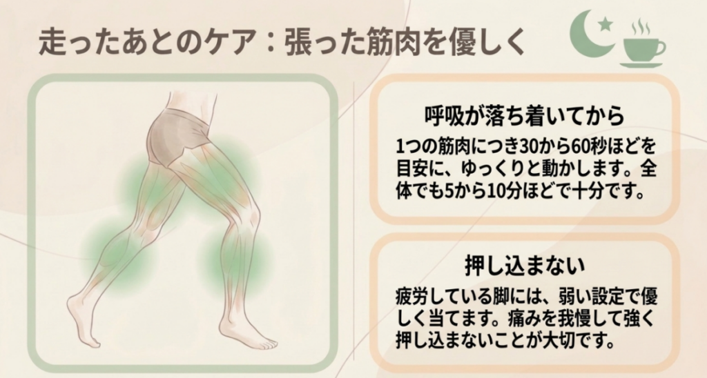 ランニング後に呼吸が落ち着いてから各筋肉へ30~60秒、全体で5~10分を目安に優しく使う方法を示した図