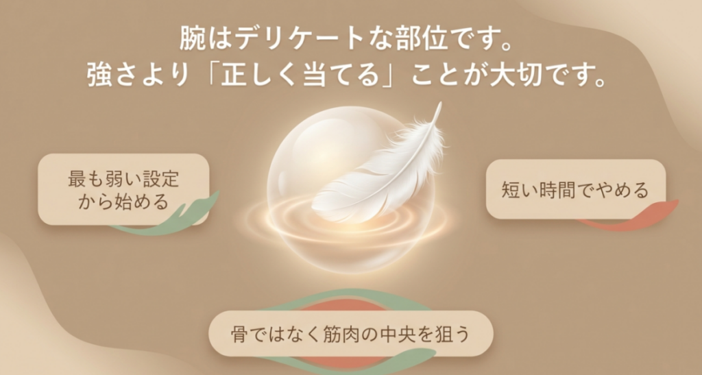 腕へのマッサージガンは最弱設定から短時間で使い、骨ではなく筋肉の中央を狙うと示した図