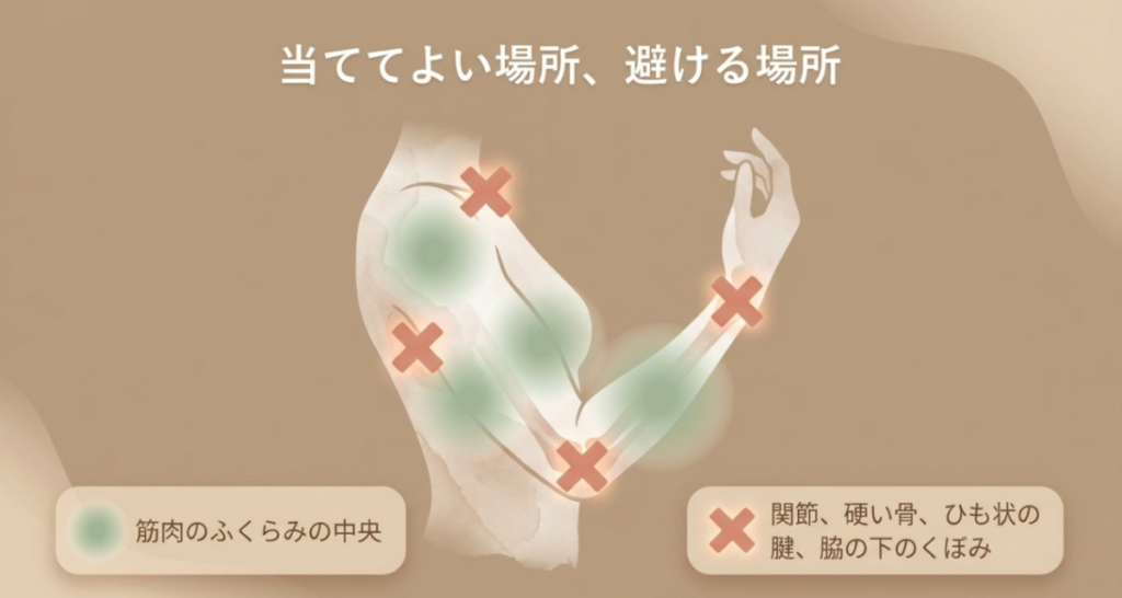 腕の筋肉のふくらみの中央は当ててよく、関節、硬い骨、腱、脇の下は避けることを示した図