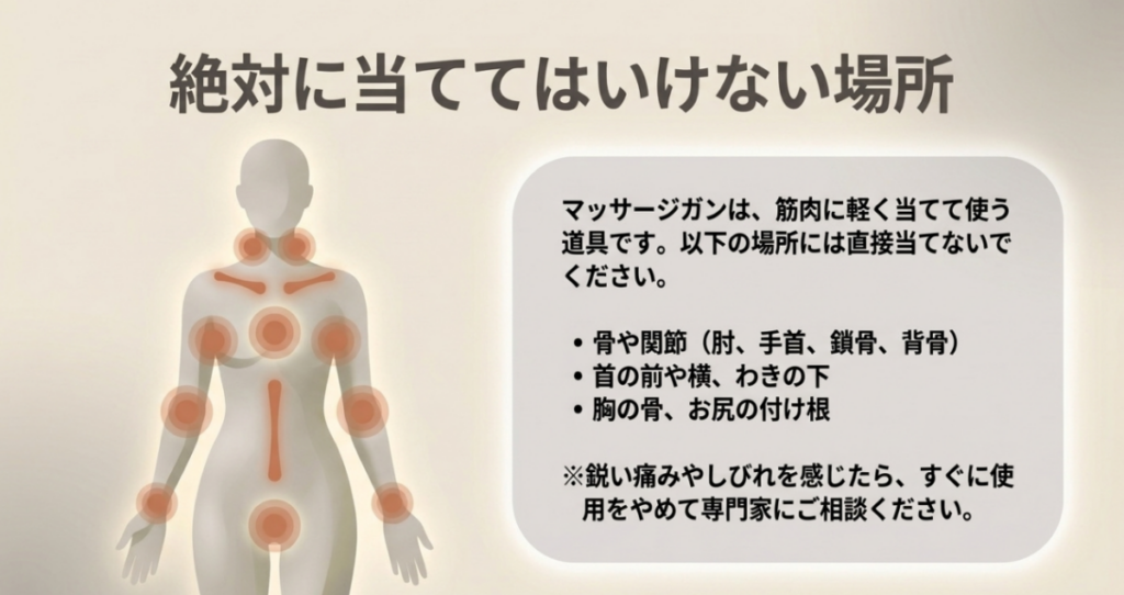 肘や手首などの関節、鎖骨や背骨、首の前や横、胸の骨などを避け、痛みやしびれが出たら使用を中止する注意点