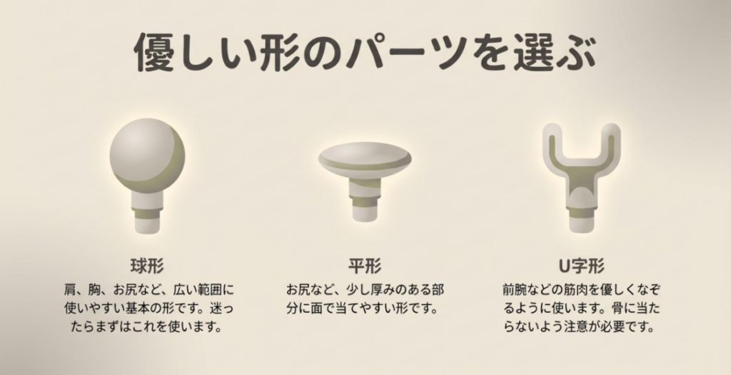 肩や胸など広い筋肉には球形、お尻などには平形、前腕には骨を避けながらU字形を使う目安