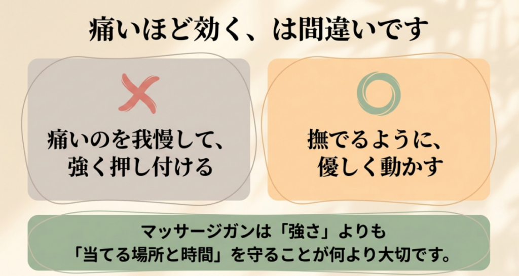 痛みを我慢して強く押す使い方を避け、撫でるように優しく動かす正しい使い方を示した比較