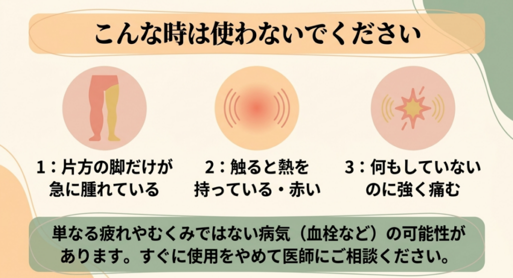 片脚だけの急な腫れ、熱感や赤み、原因不明の強い痛みがあるときはマッサージガンを使わないという注意