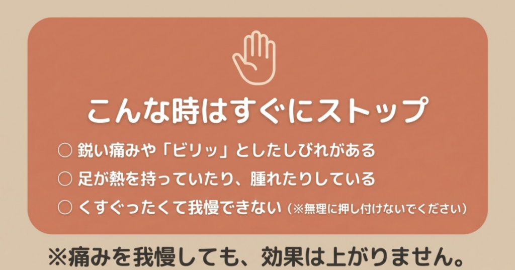 鋭い痛みやしびれ、足の熱や腫れ、我慢できないくすぐったさがあるときは使用を止めることを示したスライド