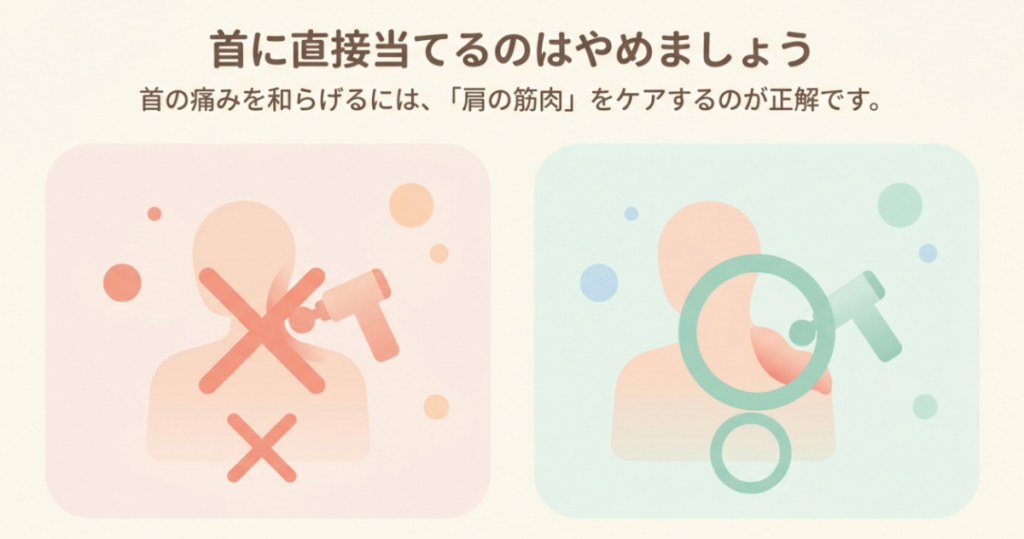 マッサージガンを首へ直接当てる使い方にバツを付け、肩の筋肉をケアする位置を示した比較図