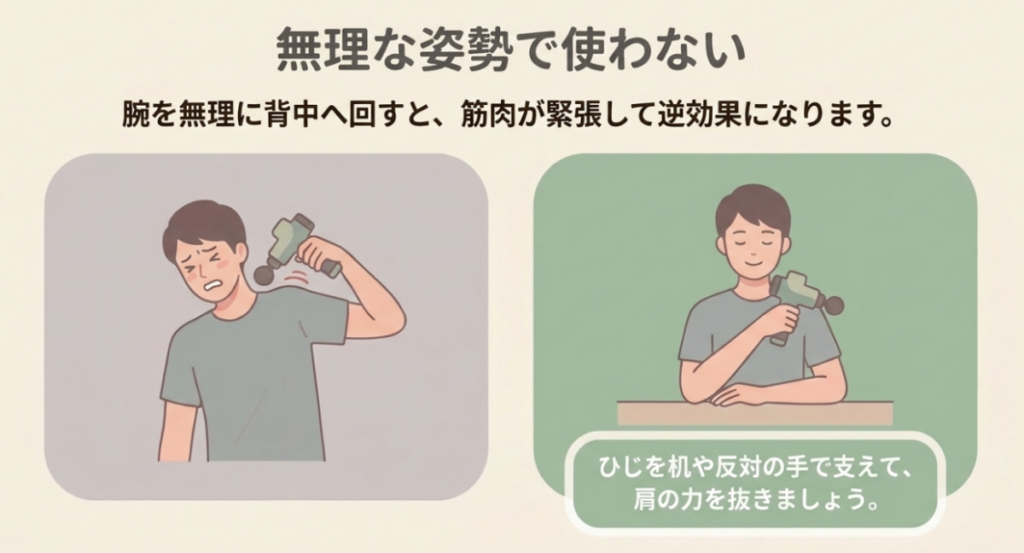 腕を無理に背中へ回さず、肘や反対の手で支えて肩の力を抜きマッサージガンを使う姿勢