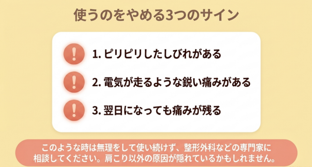 ピリピリしたしびれ、電気が走るような鋭い痛み、翌日まで残る痛みをマッサージガンの使用中止サインとして示した図