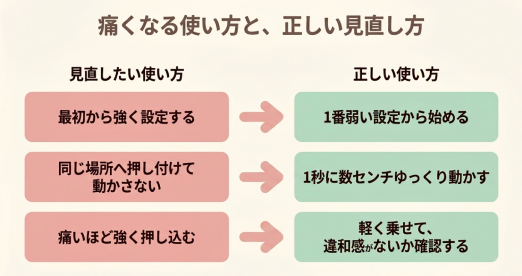 最初から強く設定する、同じ場所へ固定する、強く押し込む使い方を、最弱設定、ゆっくりした移動、軽い接触へ見直す比較図