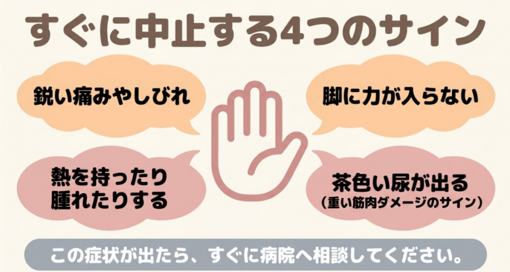 マッサージガンを中止して医療機関へ相談するサインとして、鋭い痛みやしびれ、熱や腫れ、脚の脱力、茶色い尿を示した図